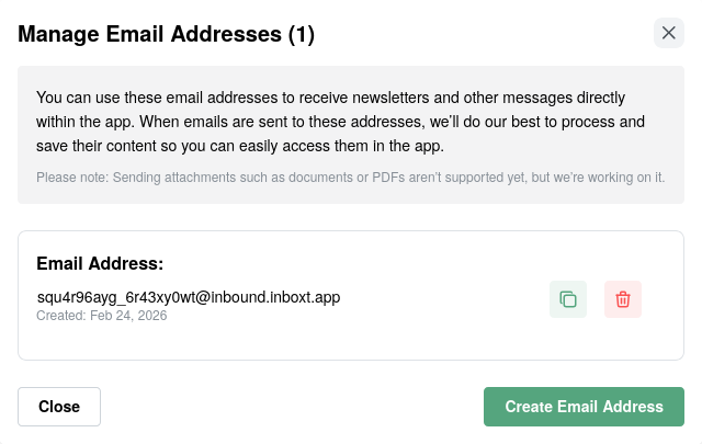Managing inbound email addresses in Inboxt